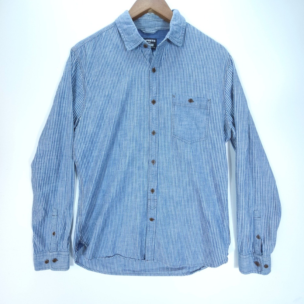Streetwear Express Shirt Mens M Blue White Hickory Stripe Long Sleeve Fitted - Picture 1 of 7